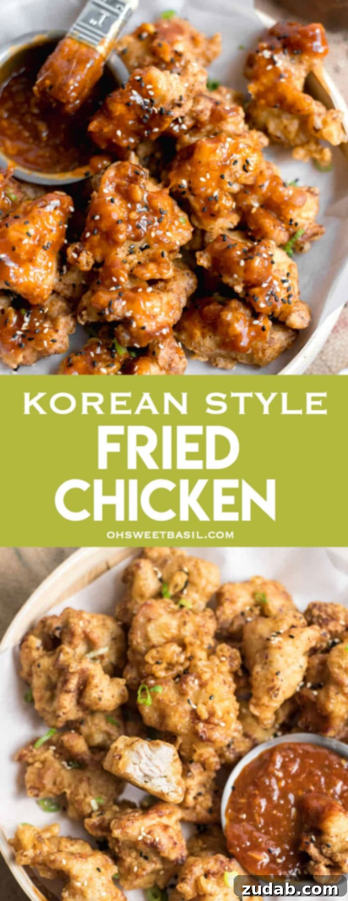 Crispy Korean Fried Chicken 9 Crunchy chicken in a sweet and spicy marinated sauce, garnished with scallions and sesame seeds, on a white plate with a fork.