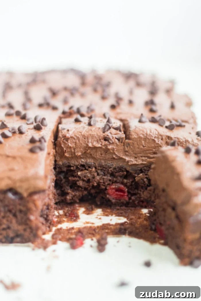 Dark Chocolate Cherry Indulgence 4 easy chocolate cake with cherry pie filling, sliced in baking dish