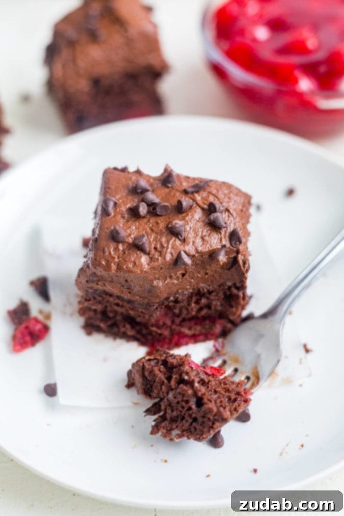 Dark Chocolate Cherry Indulgence 5 slice of chocolate cherry cake on white plate alongside fork