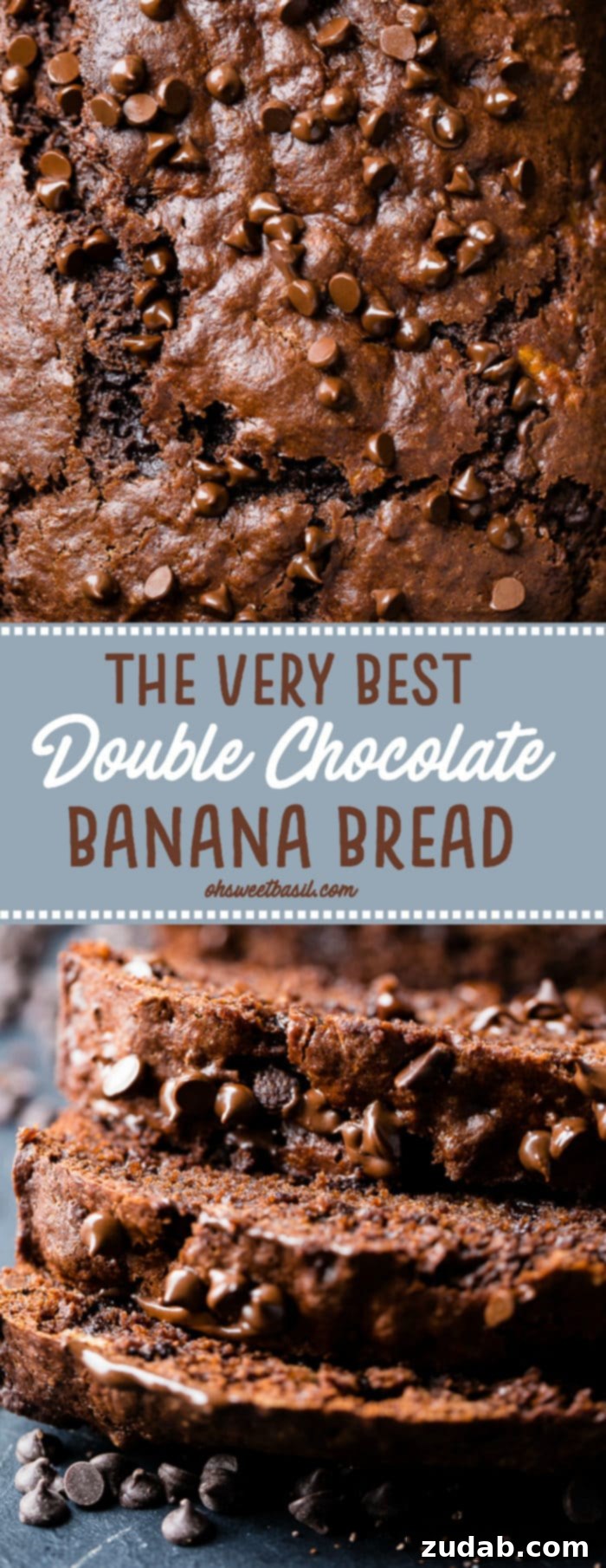 Ultimate Double Chocolate Banana Bread 7 A whole loaf of the very best double chocolate banana bread, topped generously with melted and baked mini chocolate chips, ready to be sliced and served.