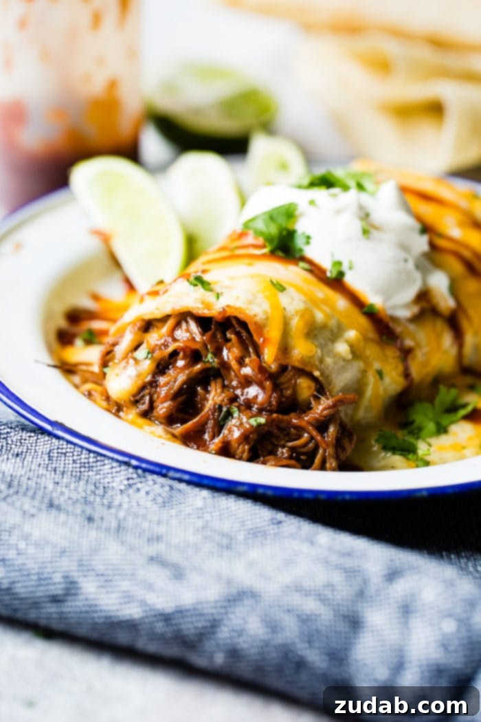 Shredded bbq beef that was made in an instant pot or slow cooker with melted cheese coming out of a burrito topped with sauce, cheese and sour cream and sprinkled with cilantro sitting on a white vintage plate with a blue border