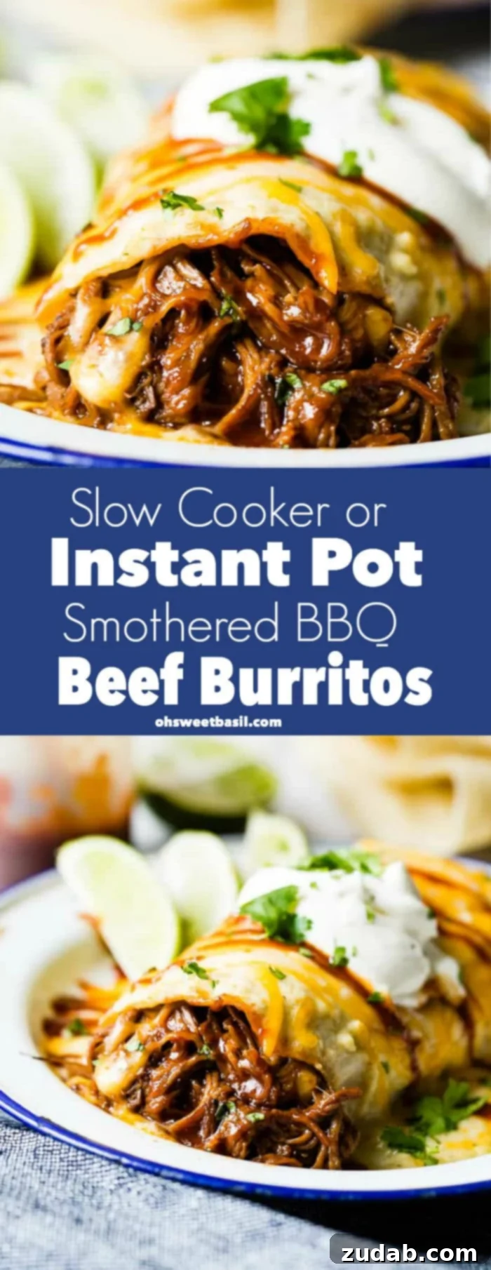 Shredded bbq beef that was made in an instant pot or slow cooker with melted cheese coming out of a burrito topped with sauce, cheese and sour cream and sprinkled with cilantro sitting on a white vintage plate with a blue border
