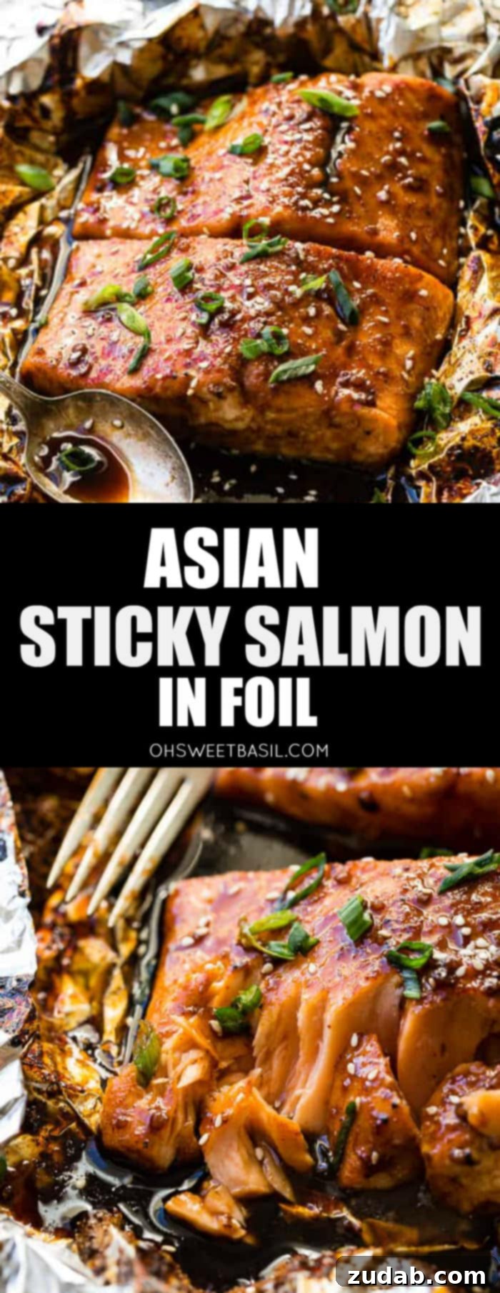 A perfectly cooked Asian sticky salmon fillet, generously coated in dark glaze, topped with fresh green onions and sesame seeds, presented in foil for an easy and healthy dinner.