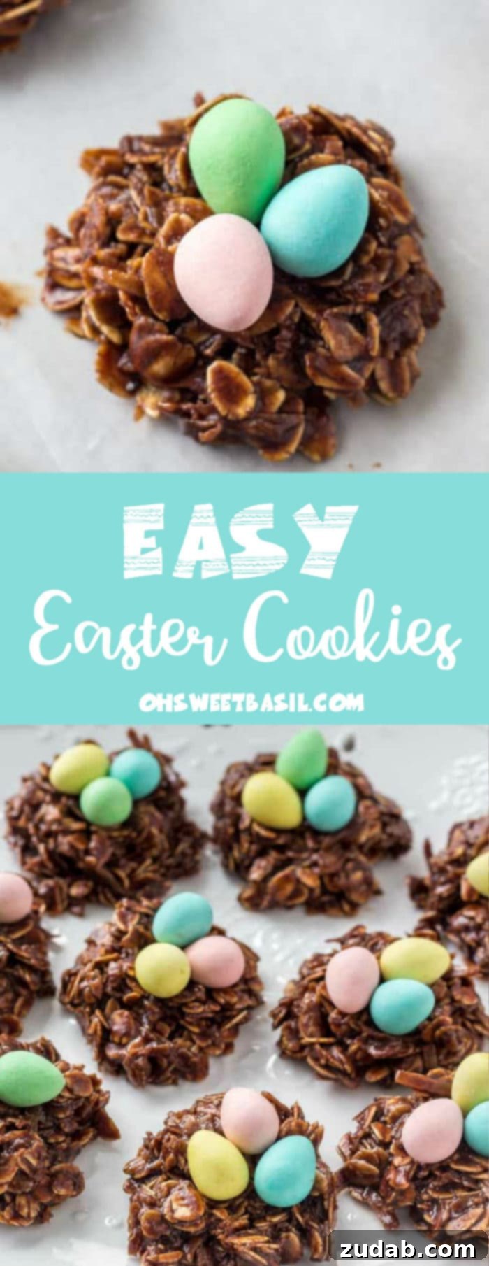 Hoppy Easter Nest Treats 6 Easy no bake chocolate Easter nest cookies with three Cadbury eggs in the middle. A festive and simple Easter dessert idea.