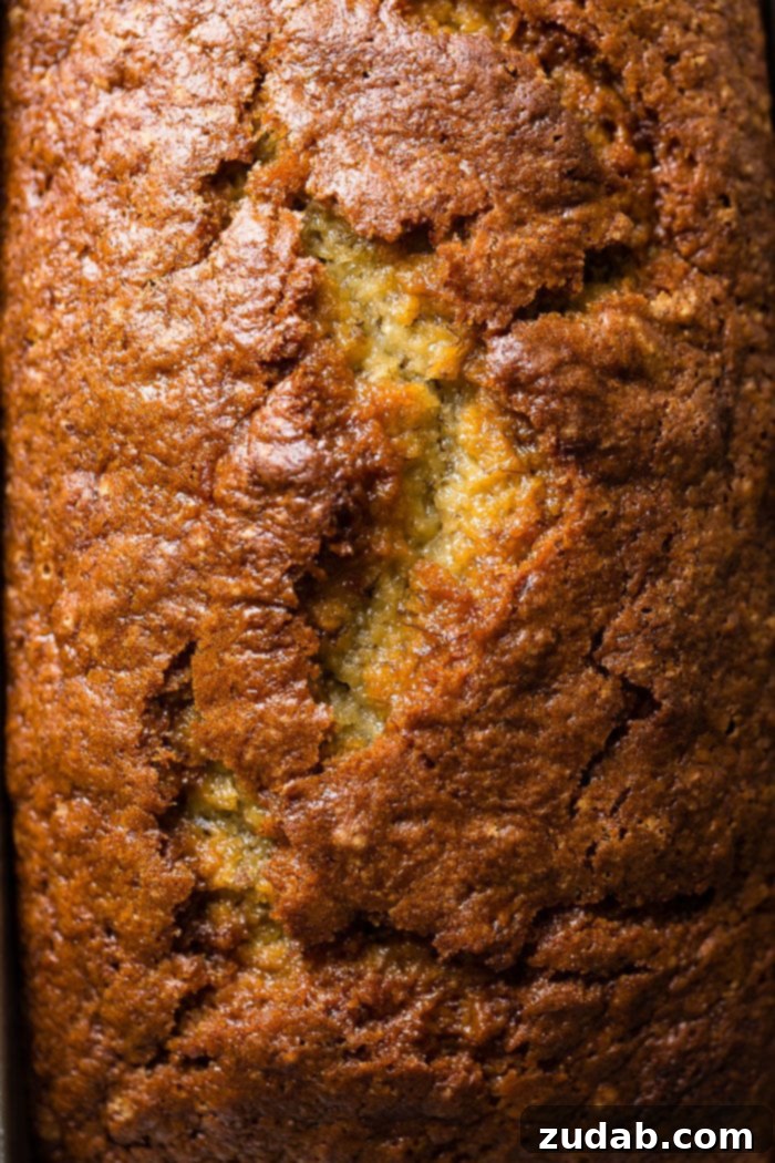 Irresistible Sour Cream Banana Bread 2 A close up of the top of the best sour cream banana bread recipe with the crack going down the center of the quick bread
