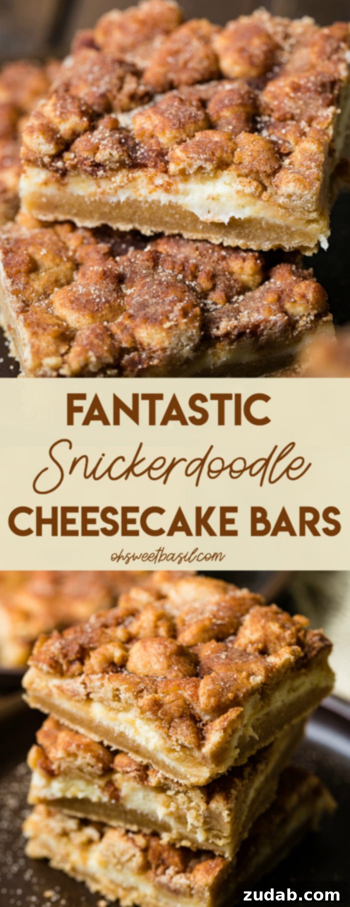 Cinnamon Dream Cheesecake Bars 6 Snickerdoodle cookies are used as the crust and topping with creamy cheesecake in the middle and covered in cinnamon sugar. Fantastic Snickerdoodle cheesecake bars are amazing!