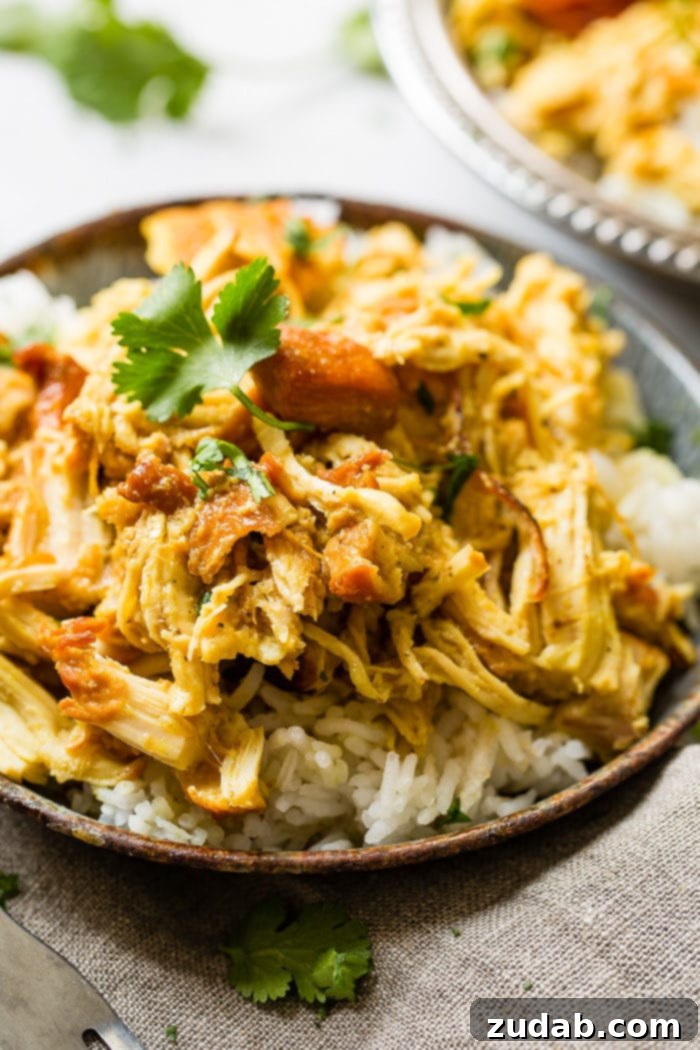 Instant Pot Sticky Honey Chicken 4 A metal, vintage bowl filled with white long grain rice and shredded chicken with a simple honey curry sauce made in an instant pot with cilantro on top. easy instant pot honey chicken