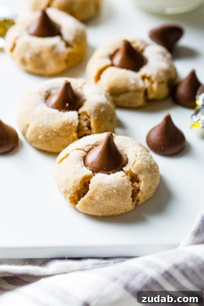 Peanut Butter Chocolate Kisses 4 A collection of freshly baked Peanut Butter Blossom cookies, with several Hershey's Kisses waiting to be added, illustrating the preparation process.