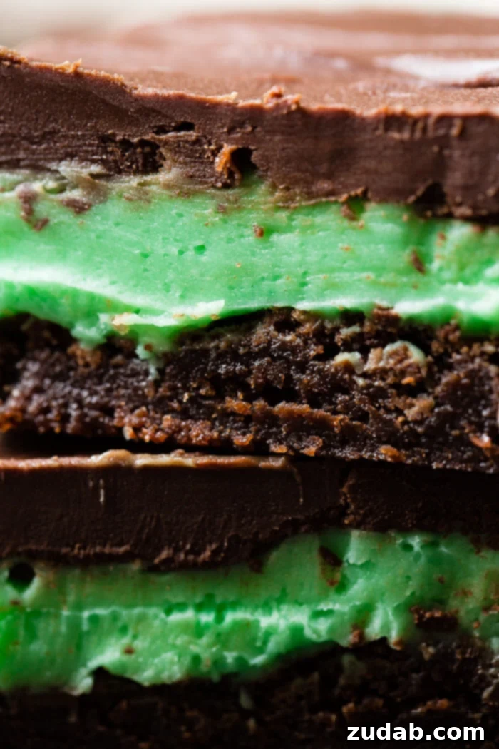 BYU Mint Brownies: The Homemade Version 3 A close up of fudgey brownies topped with a generous layer of mint frosting and a shimmering chocolate ganache.