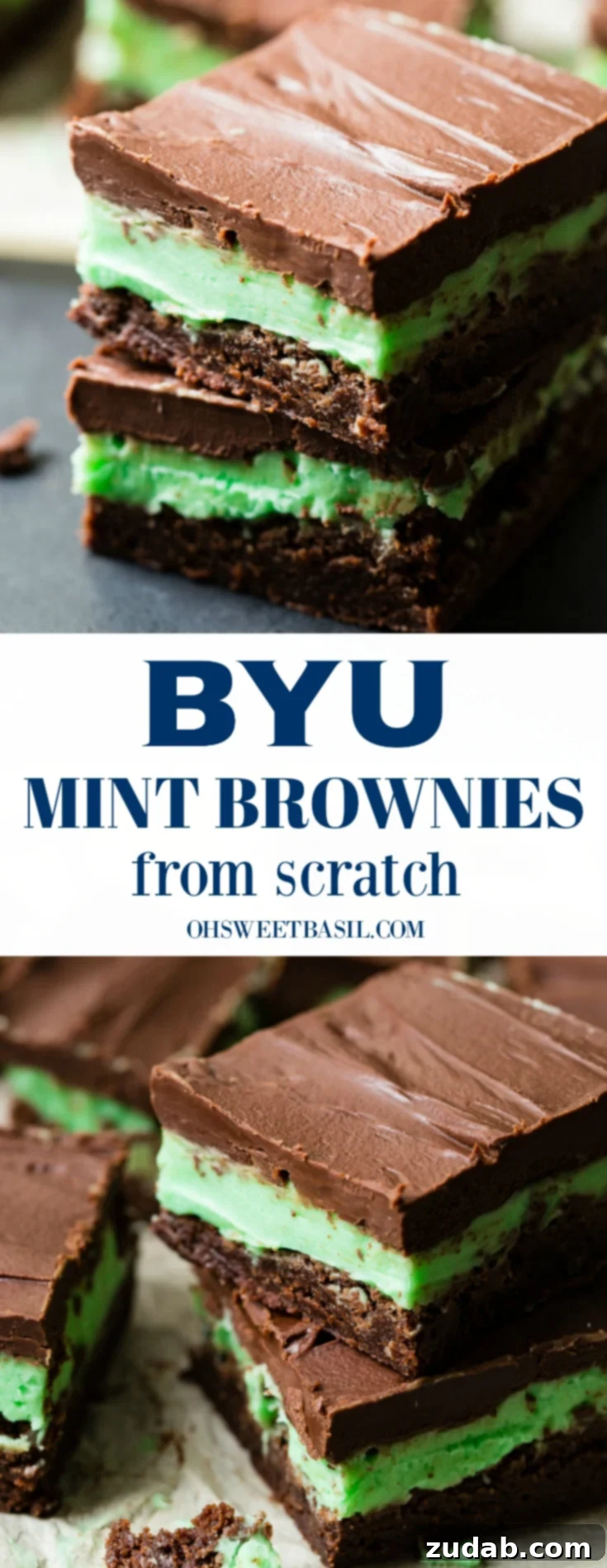 BYU Mint Brownies: The Homemade Version 7 A black board with brownies with a mint frosting and a chocolate ganache over the top. Our copycat byu mint brownies from scratch