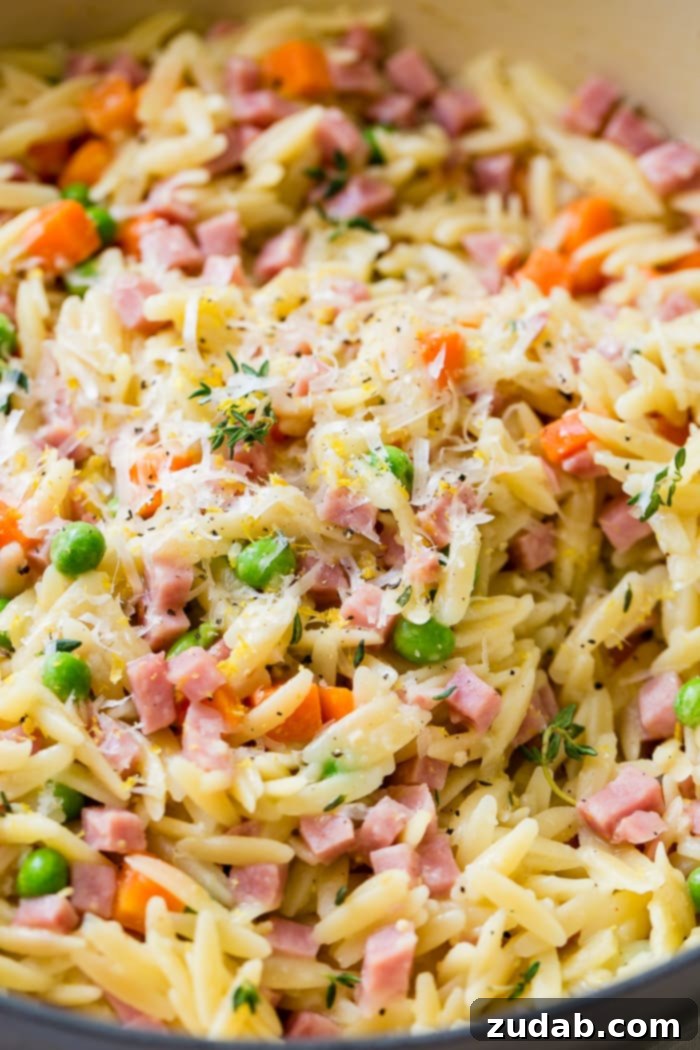Bright Lemon Ham Orzo with Peas and Parmesan 3 A close-up view of ham lemon orzo showcasing individual grains of pasta, tender ham, bright green peas, orange carrots, and fresh thyme sprigs.