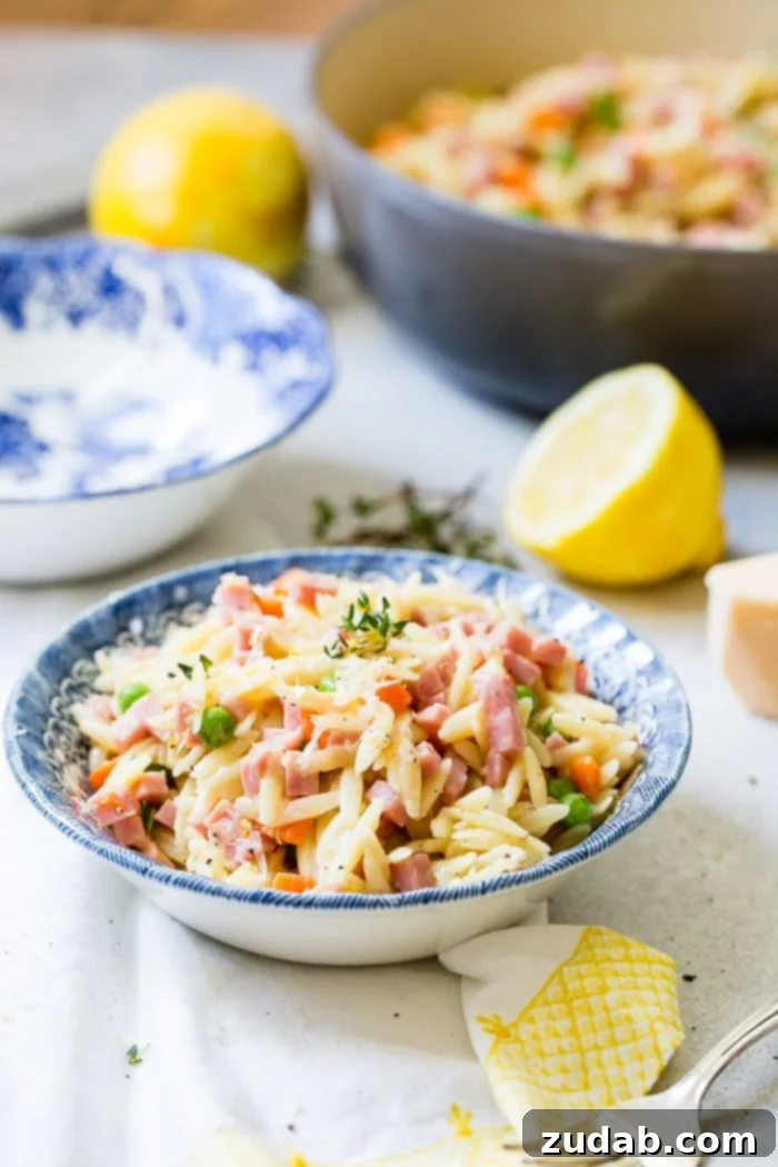 Bright Lemon Ham Orzo with Peas and Parmesan 5 A beautifully composed shot featuring a vintage blue patterned bowl of ham lemon orzo, garnished with fresh thyme. In the soft-focus background, whole lemons and more thyme sprigs suggest the dish's fresh ingredients.