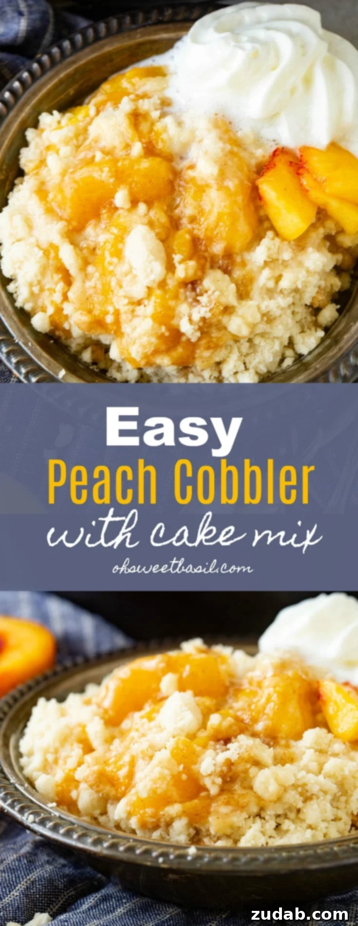 Effortless Cake Mix Peach Cobbler 3 A metal bowl with fresh, juicy peach cobbler and a dollop of whipped cream.