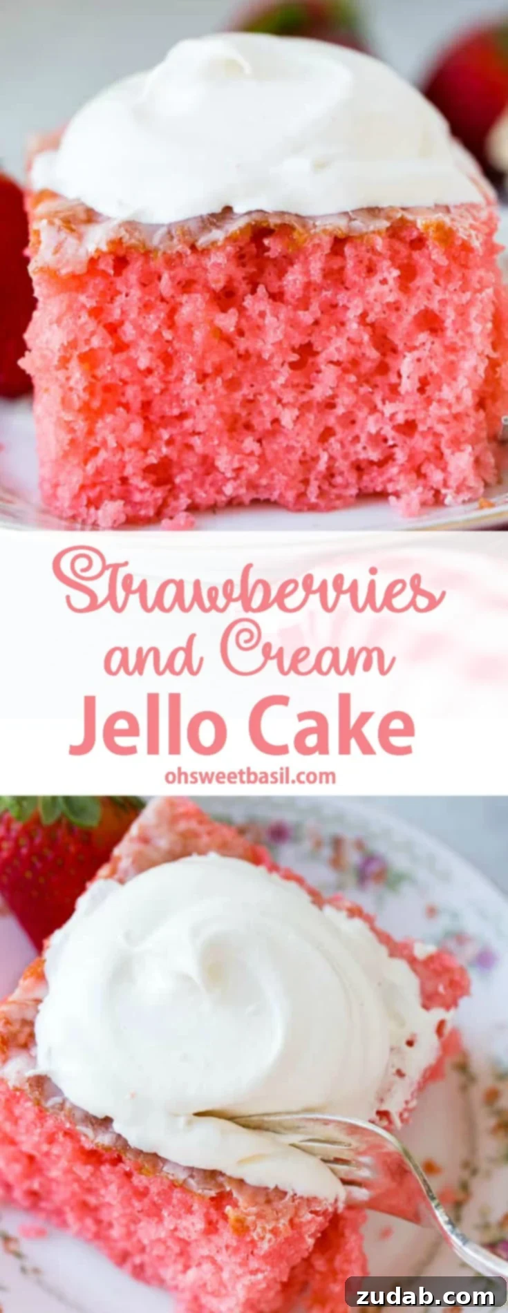 Wobbly Strawberry Dream Cake 7 A china plate with a large slice of bright pink strawberries and cream jello cake with a dollop of whipped cream on top with a red and white checkered napkin underneath.