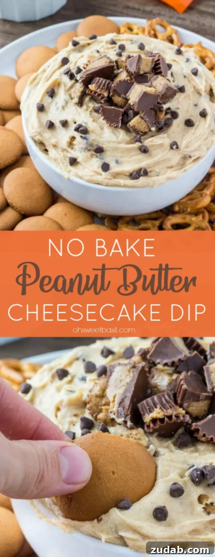 Effortless Peanut Butter Cheesecake Indulgence Dip 7 A bowl of creamy no bake peanut butter cheesecake dip sprinkled with chocolate chips and Reese’s peanut butter cups