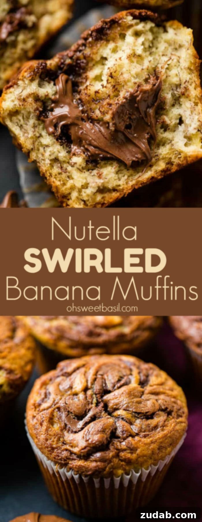 Nutella-Marbled Banana Muffins 8 A delightful photograph of a Nutella swirled banana muffin with creamy Nutella oozing out, surrounded by more tempting muffins in the background, making it an irresistible breakfast or brunch option.