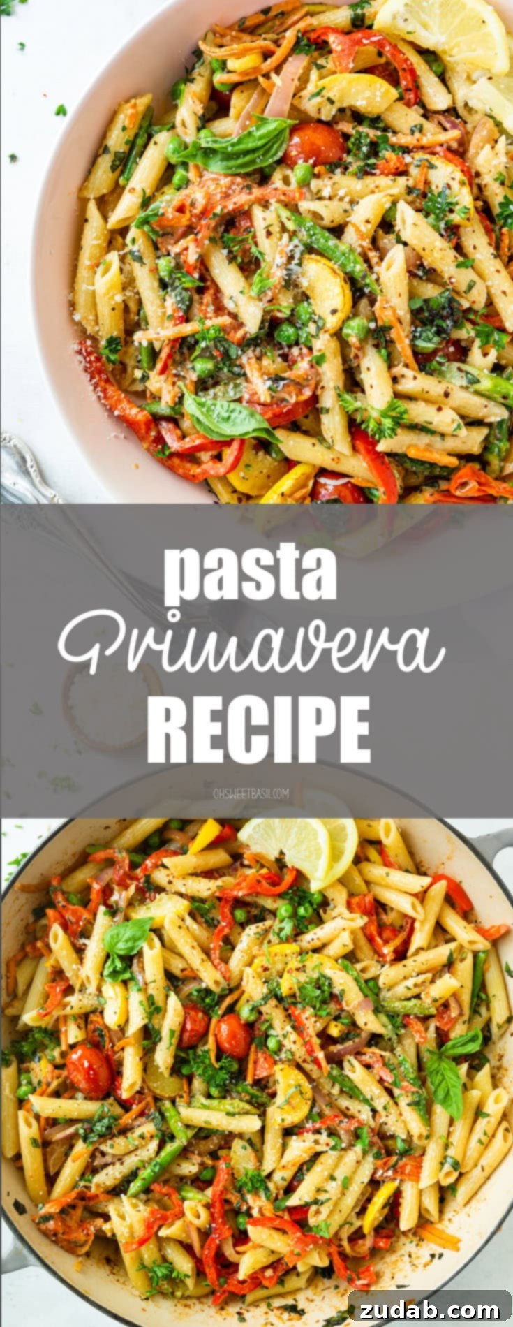 A wide shot of a bowl brimming with colorful pasta primavera, showcasing the rich textures and fresh ingredients.