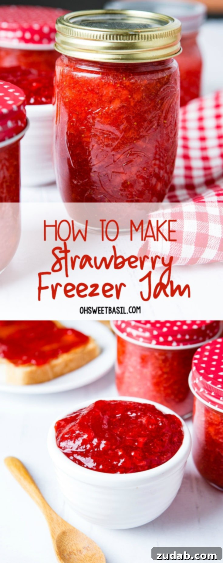 Two jars of jam with red checkered lids, a bowl of jam with a wooden spoon next to it, and a slice of bread.