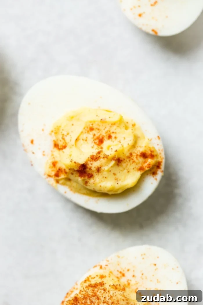 Perfect Deviled Eggs 2 A grey board with a single deviled egg with paprika sprinkled on the top which makes the best deviled eggs ever!