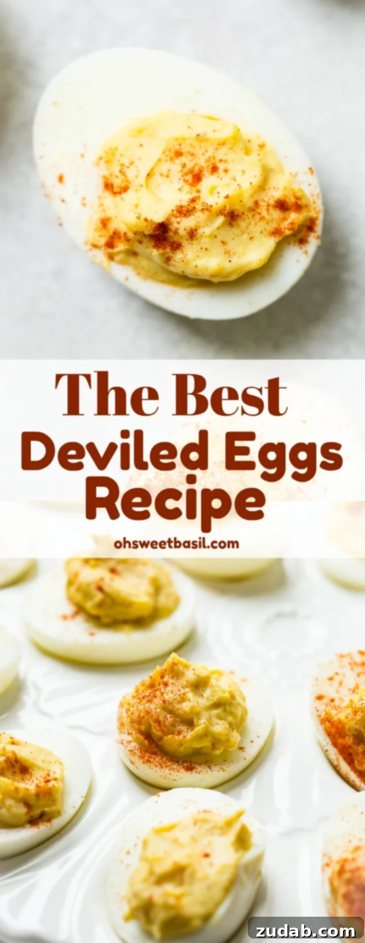 Perfect Deviled Eggs 5 A grey board with a deviled eggs with paprika sprinkled on the top which makes the best deviled eggs ever!