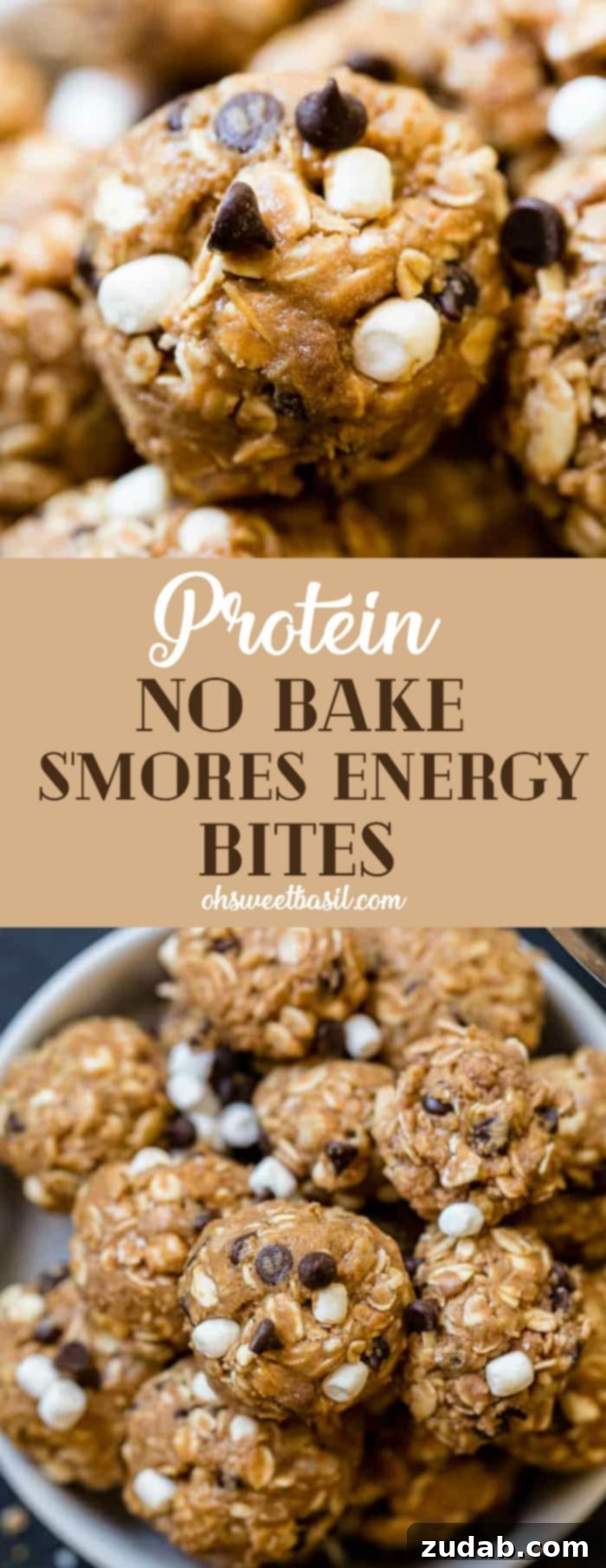 No Bake Smores Protein Power Bites 9 A beautiful top-down view of Protein No Bake S'mores Energy Bites artfully arranged on a dark background, with sprinkles of chocolate, marshmallows, and graham cracker crumbs, showcasing their inviting texture.