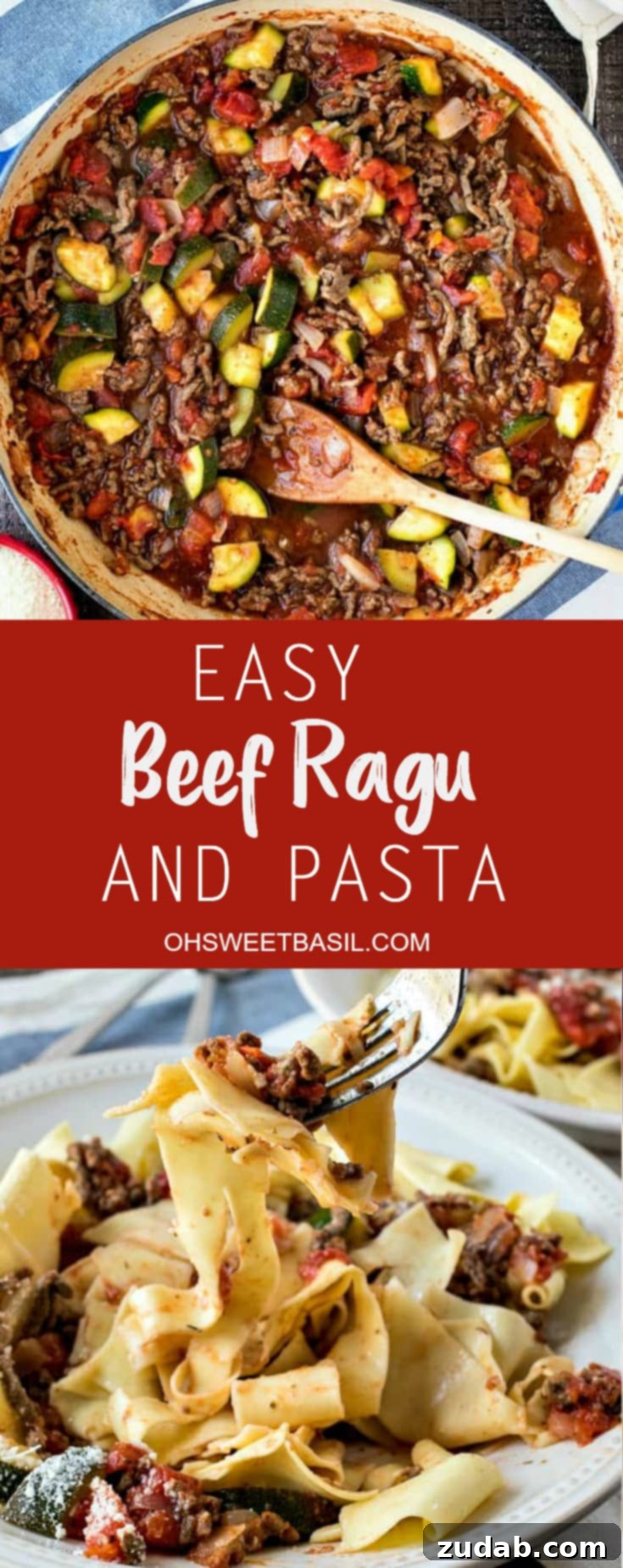 Simple & Satisfying Beef Ragu Pasta 11 A large bowl filled with rich zucchini and lean meat ragu mixed with pasta noodles, perfect for a family dinner.