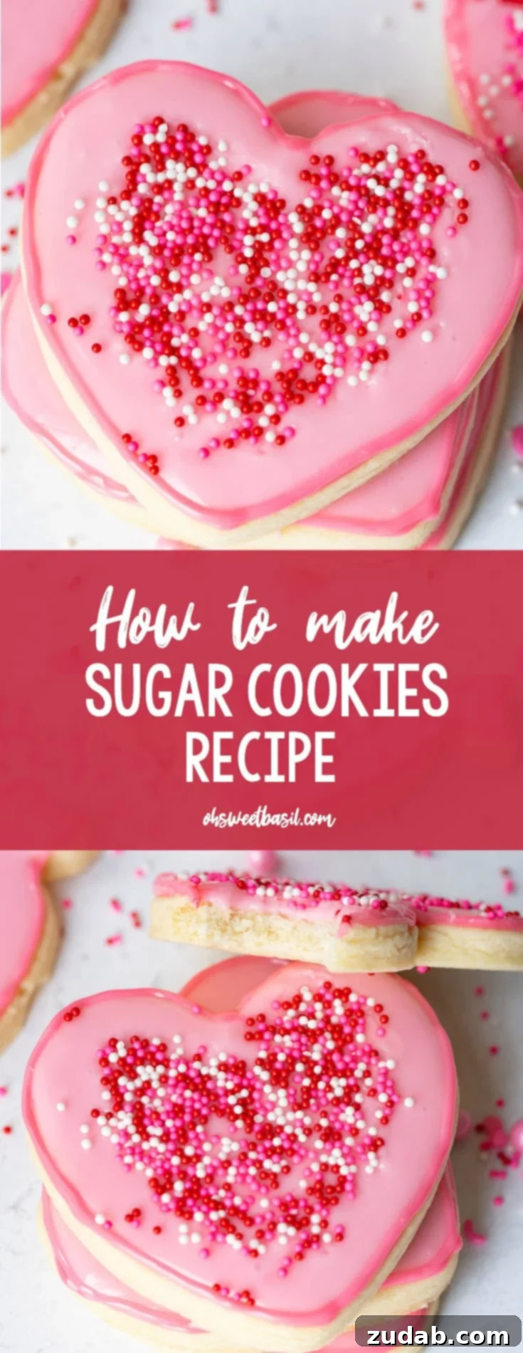 a stack of pink heart cut out sugar cookies with sprinkles on top