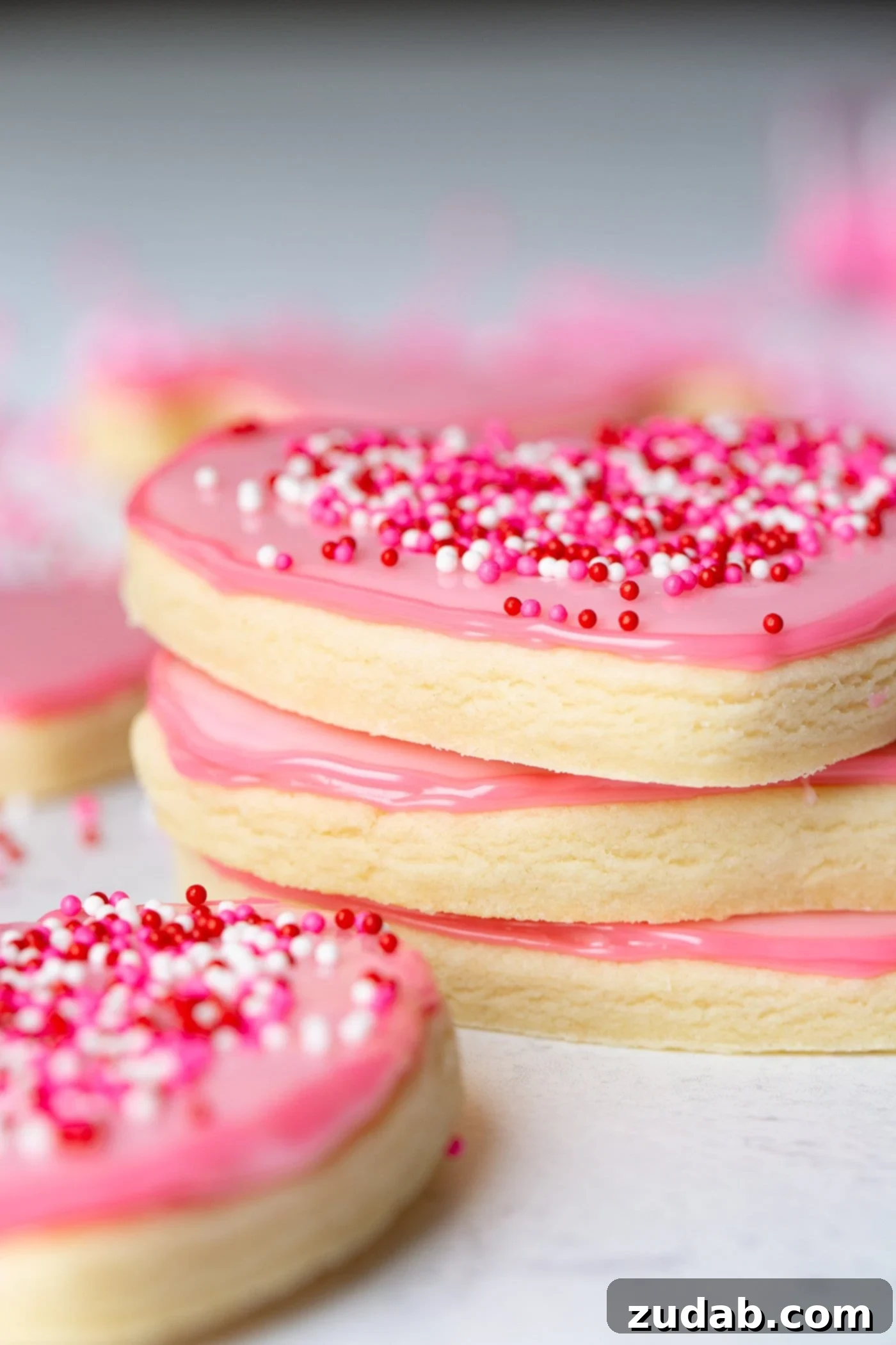 a stack of pink heart cut out sugar cookies with sprinkles on top and cookies behind the stack