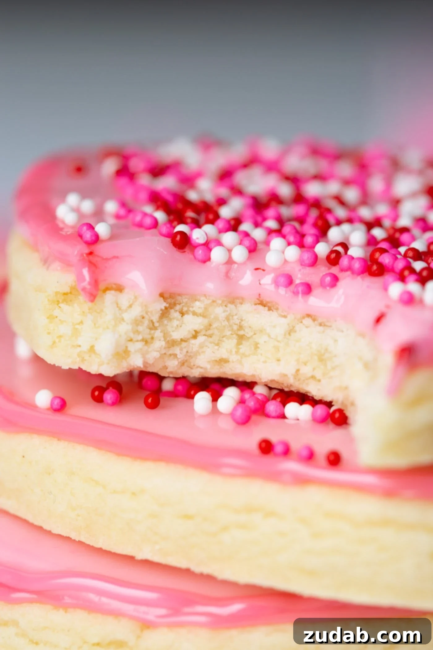 a stack of pink heart cut out sugar cookies with sprinkles on top and cookies behind the stack