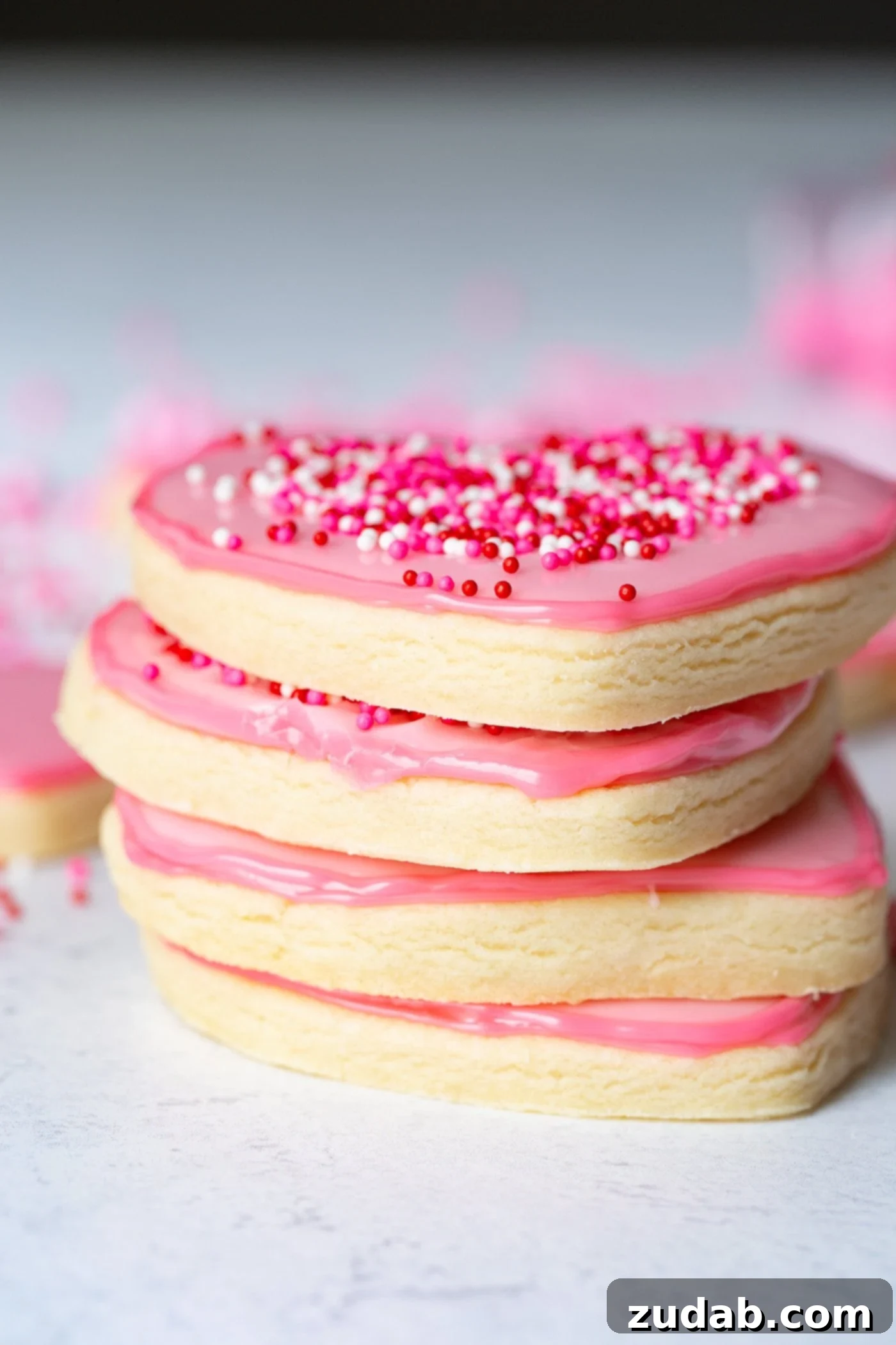 a stack of pink heart cut out sugar cookies with sprinkles on top and cookies behind the stack