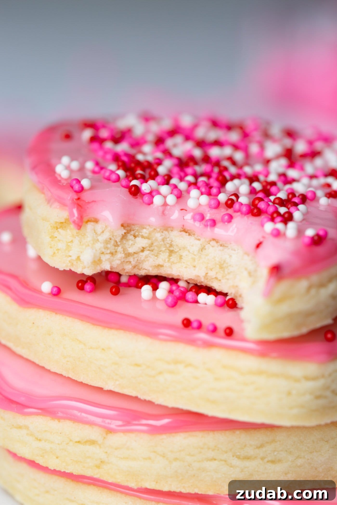 a pink heart sugar cookie with sprinkles