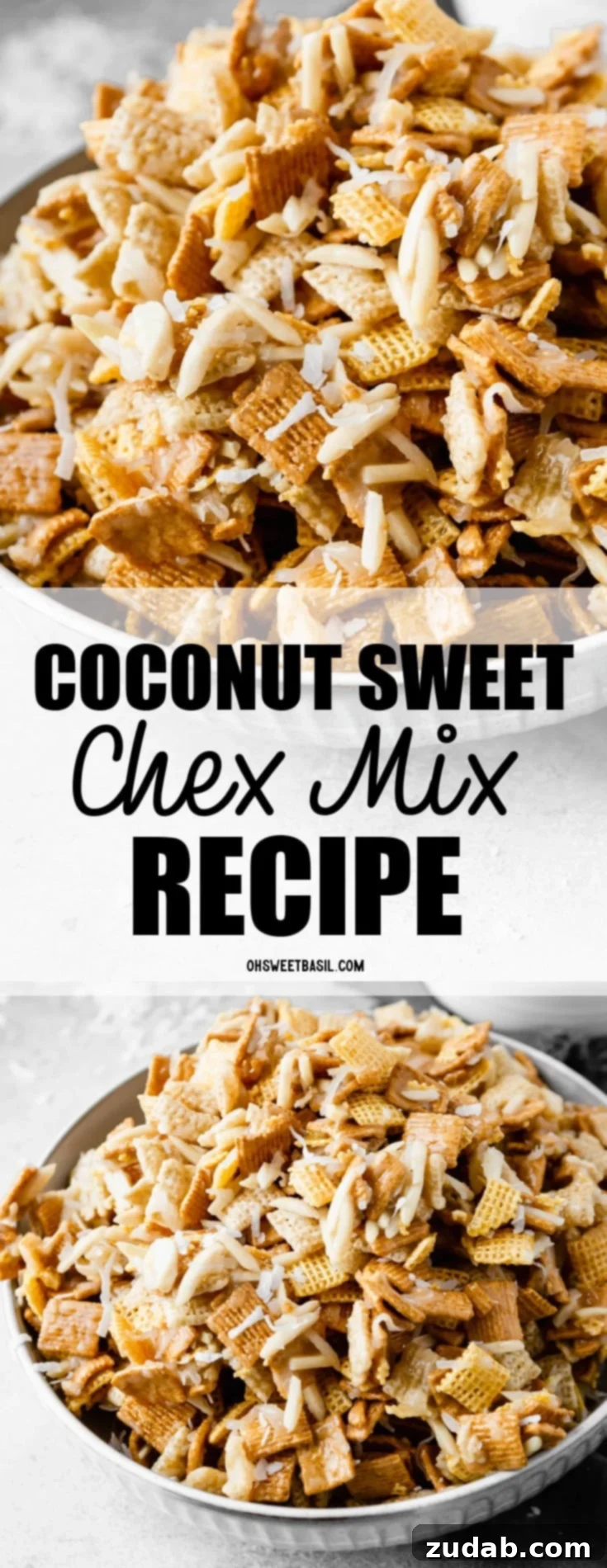 Irresistible Coconut Sweet Chex Mix 2 A bowl of coconut sweet chex mix. The mix has rice chex, corn chex and golden grahams with slivered almonds and shredded coconut mixed in.