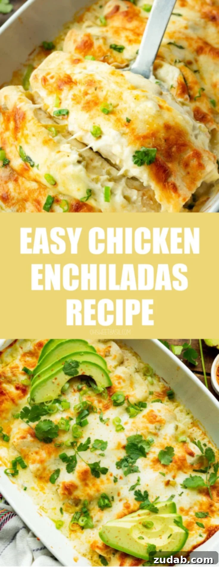 Simple and Delicious Cheesy Chicken Enchiladas 14 a photo of a cheesy chicken enchilada being lifted out of a pan full of golden cheesy enchiladas