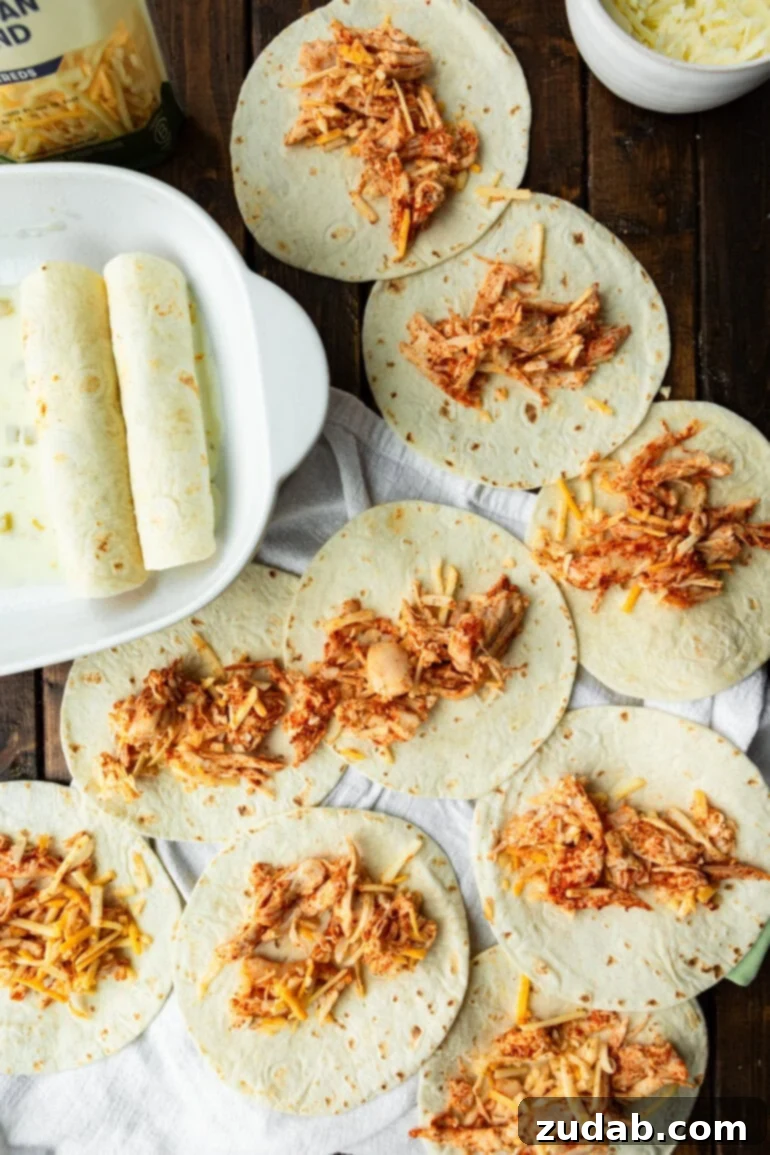 Simple and Delicious Cheesy Chicken Enchiladas 8 a photo of a steps for making chicken enchiladas including seasoning the shredded chicken and filling and rolling the flour tortillas