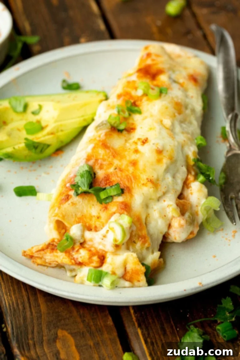 Simple and Delicious Cheesy Chicken Enchiladas 10 a photo of a cheesy chicken enchilada in a flour tortillas with golden cheese on top and creamy chicken filling coming out