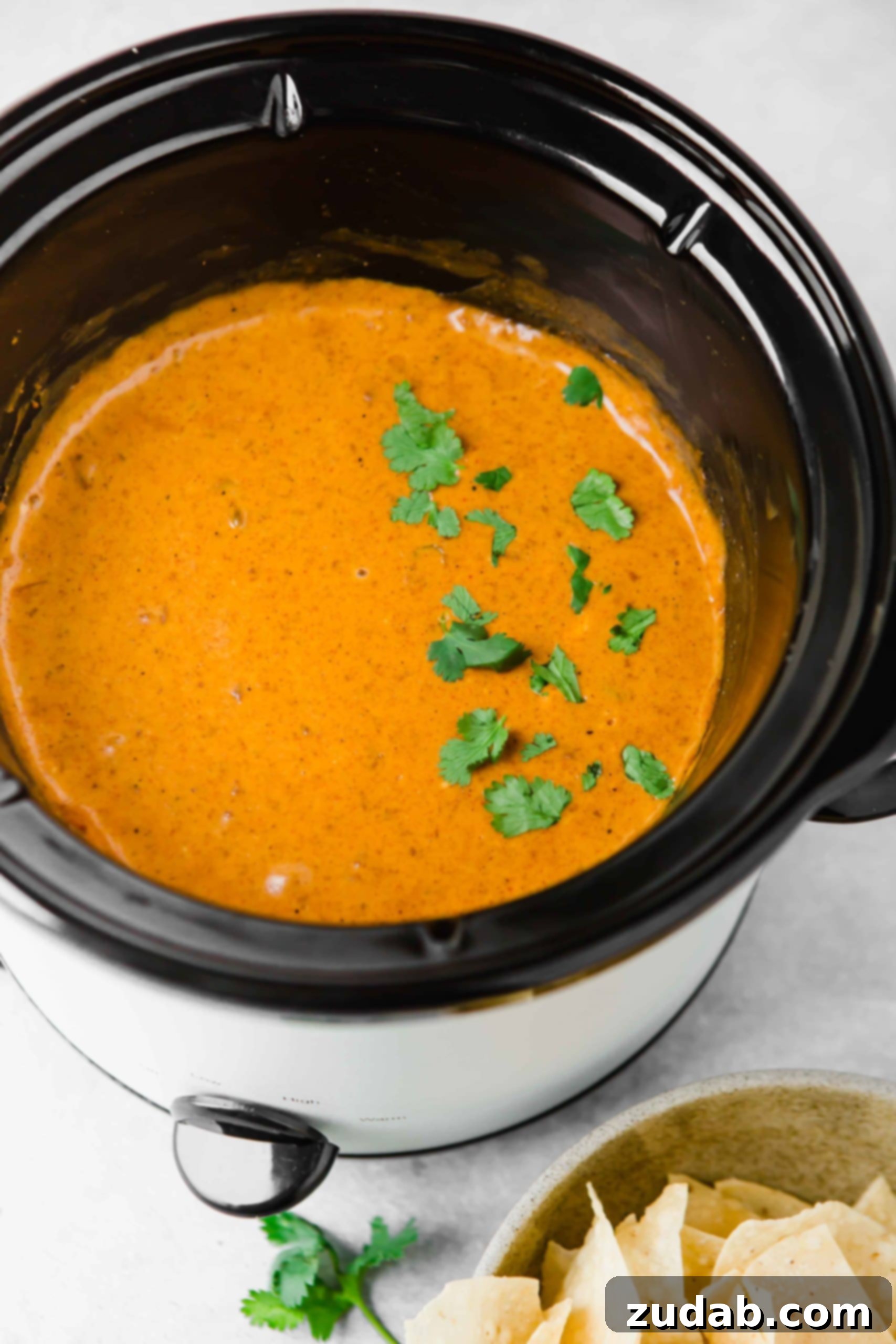 Easy Slow Cooker Chili’s Queso Dip Instructions A slow cooker full of chilis queso dip. There are a few parsley leaves scattered on top, suggesting a fresh garnish.