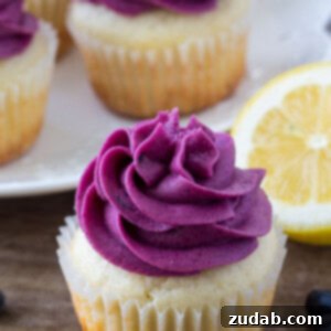 Zesty Lemon Blueberry Cupcakes 6 Moist lemon cupcake topped with blueberry frosting with a a plate of lemon blueberry cupcakes in the background.