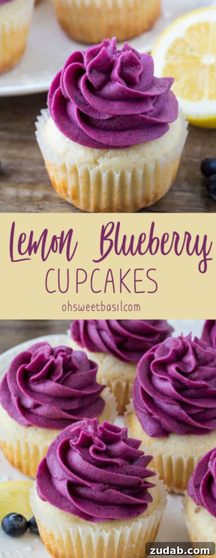 Zesty Lemon Blueberry Cupcakes 7 Moist lemon cupcake topped with blueberry frosting with a a plate of lemon blueberry cupcakes in the background.