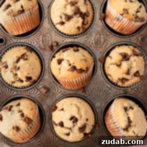 A chocolate chip cookie muffin, broken open, surrounded by whole muffins.