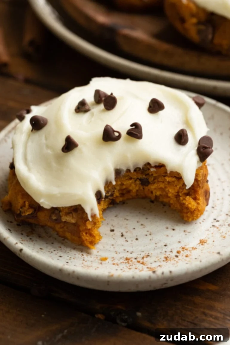 Cozy Pumpkin Chocolate Chip Cookies with Cream Cheese Frosting 2 a photo of thick pumpkin chocolate chip cookie topped with cream cheese frosting and sprinkled with mini chocolate chips