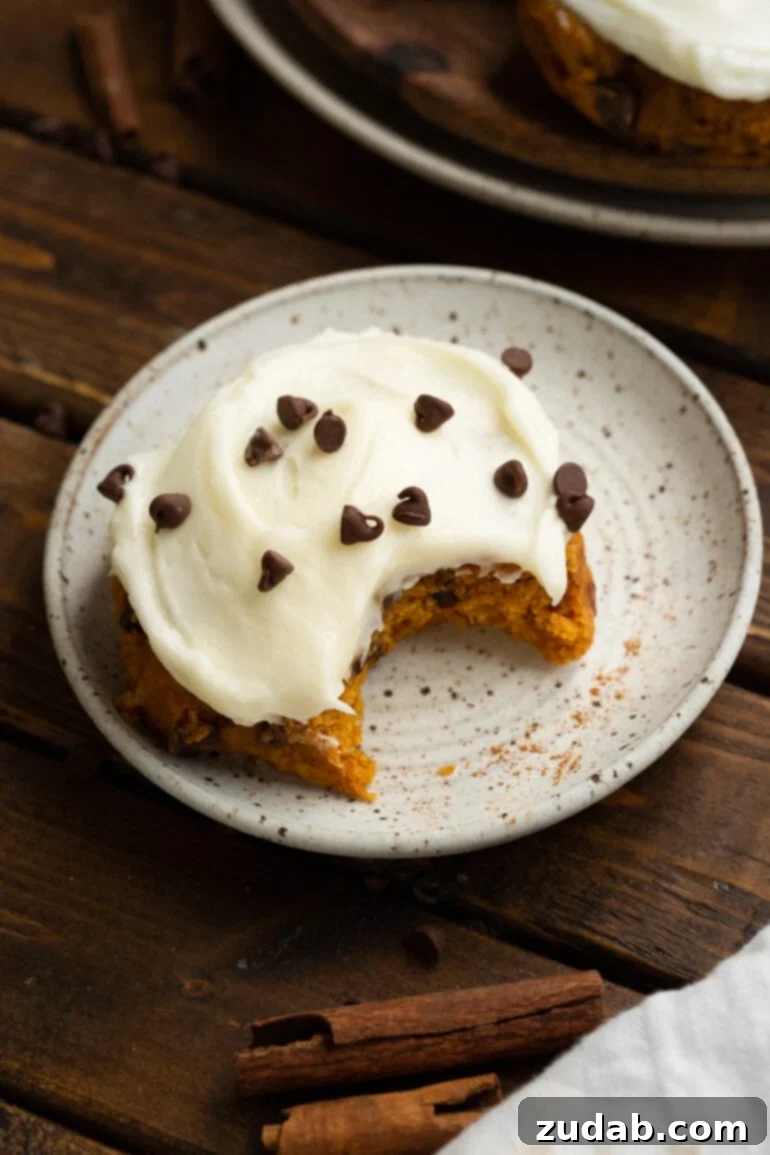 Cozy Pumpkin Chocolate Chip Cookies with Cream Cheese Frosting 5 a photo of a pumpkin chocolate chip cookie topped with cream cheese frosting and sprinkled with mini chocolate chips and bite taken out of the cookie