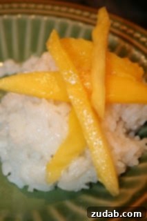 Tropical Sticky Mango Dream 2 Delicious mango sticky rice served on a plate with fresh mango slices