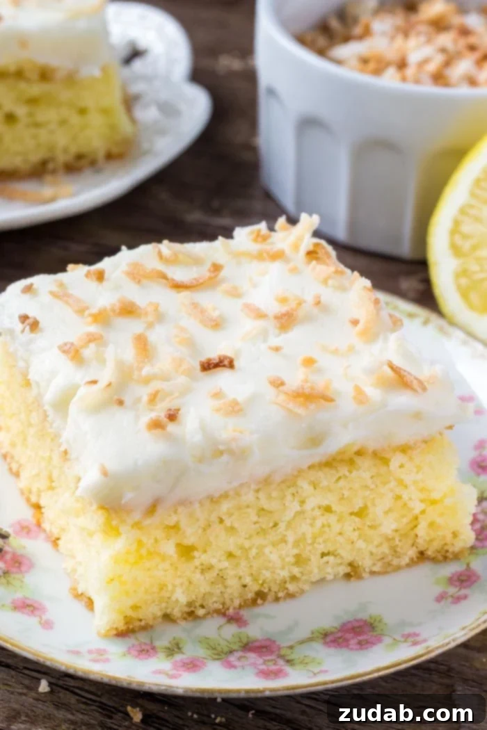 Cloud Nine Lemon Coconut Cake 4 slice of Lemon coconut cake on floral plate