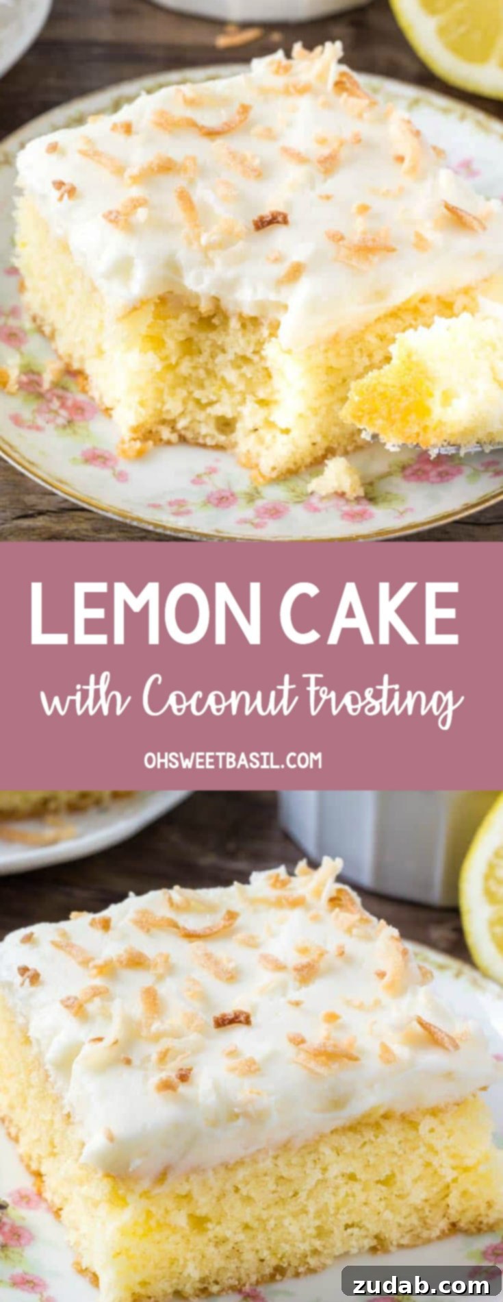 Cloud Nine Lemon Coconut Cake 8 A slice of lemon cake with fluffy coconut frosting topped with toasted coconut.