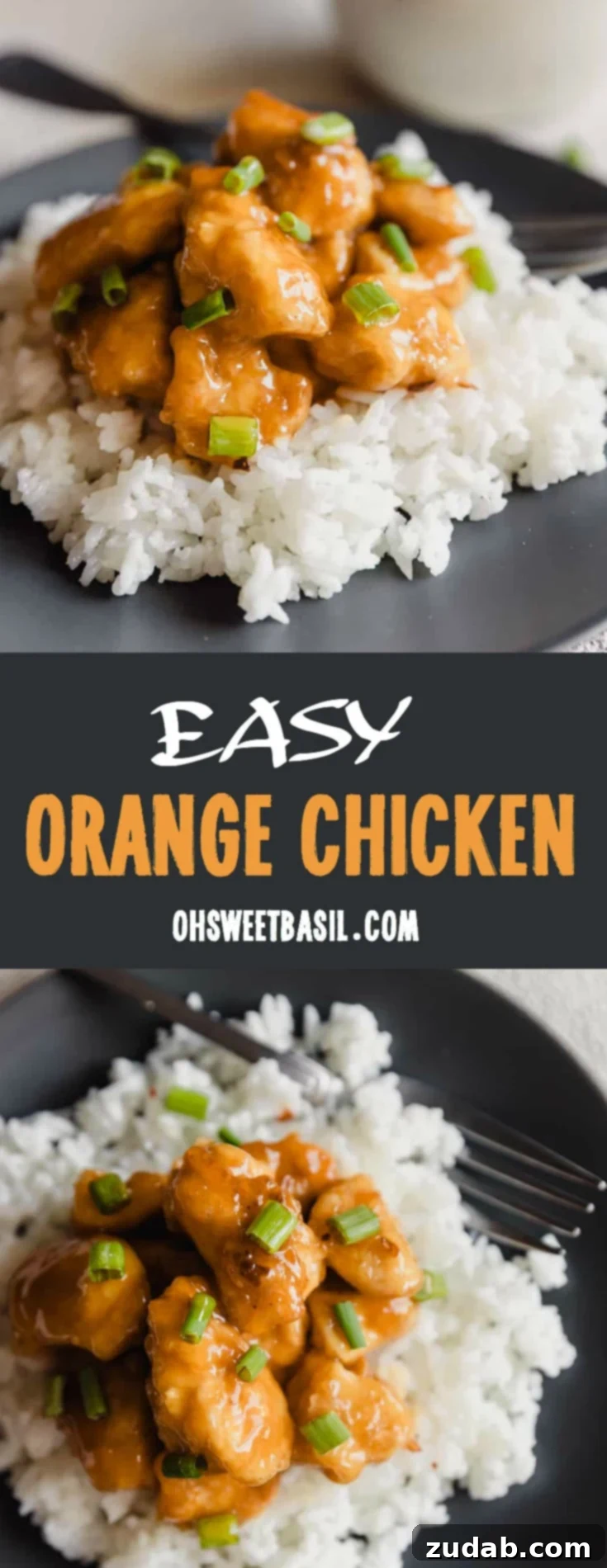 A dark plate with fluffy white rice and orange chicken sprinkled with green onions over the top and a white bowl with extra orange sauce in the background