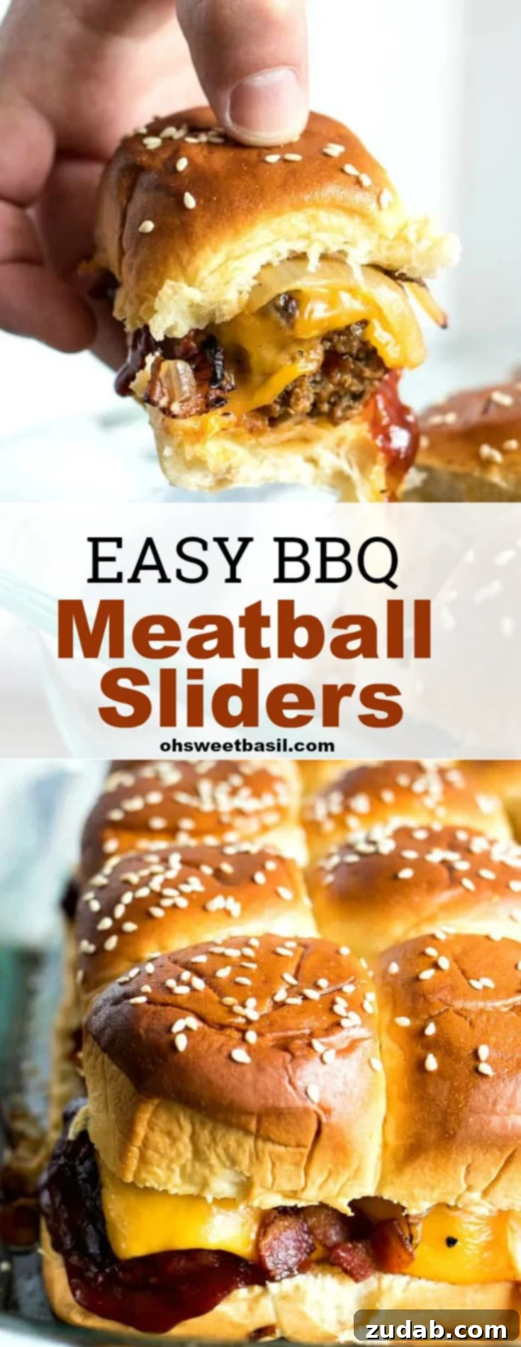 Effortless Smoky BBQ Meatball Sliders 11 Delicious Meatball BBQ Sliders with melted cheddar cheese, perfectly sautéed onions, and crispy bacon, all sandwiched between sweet Hawaiian rolls. An easy and irresistible party food!