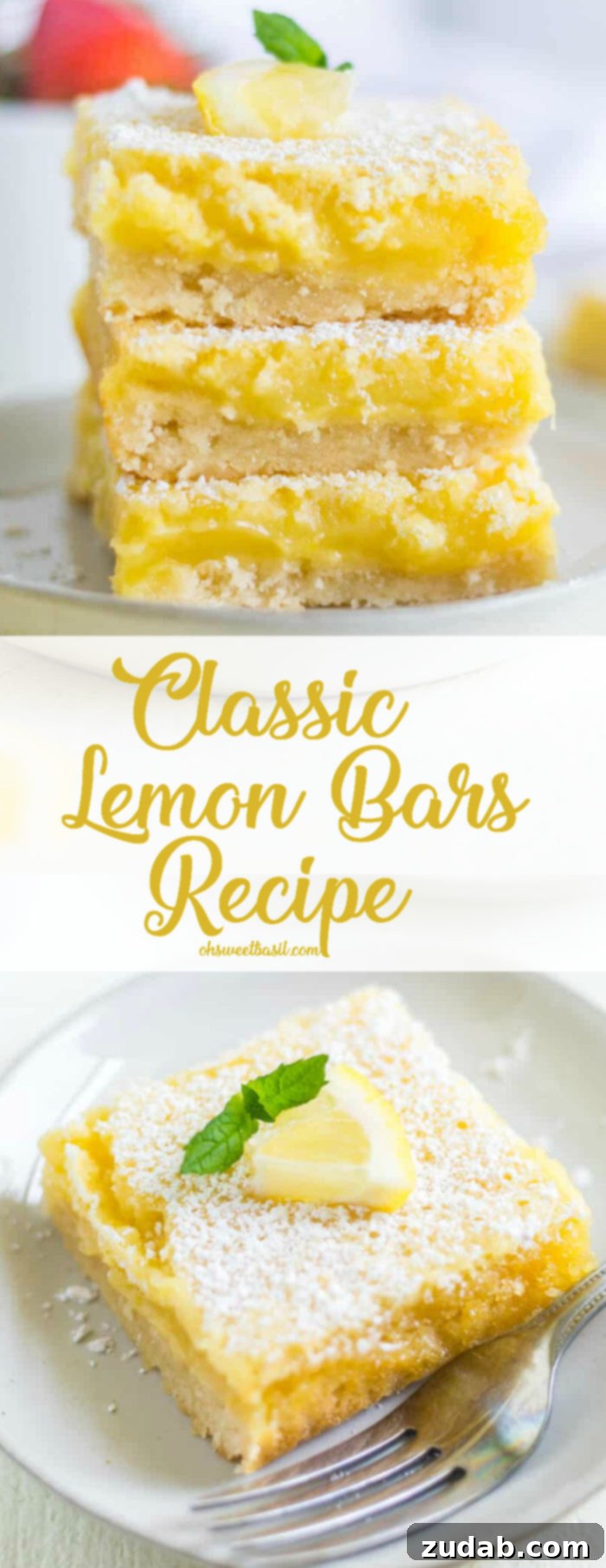 Homemade Lemon Bar Bliss 3 Stacked lemon bars with a buttery crust and gooey lemon filling.