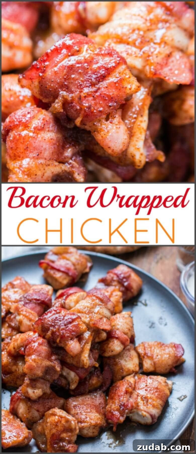 Serve these savory, juicy, and delicious bacon-wrapped chicken bites at your next family dinner or party! A stunning shot of a large platter filled with beautifully baked bacon-wrapped chicken, making a perfect presentation for any gathering. ohsweetbasil.com