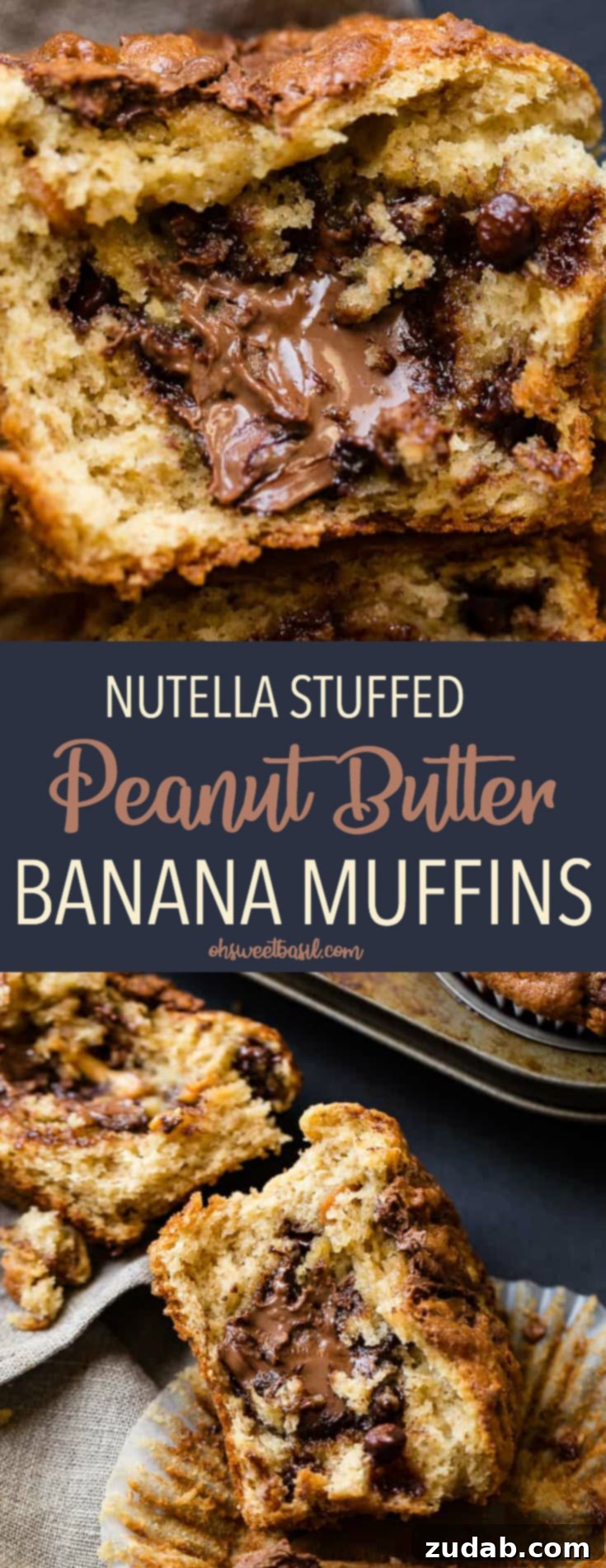 Peanut Butter Banana Muffins with a Gooey Nutella Center 12 A stunning arrangement of peanut butter banana muffins, generously studded with chocolate chips and peanut butter chips, and elegantly topped with a Nutella swirl.