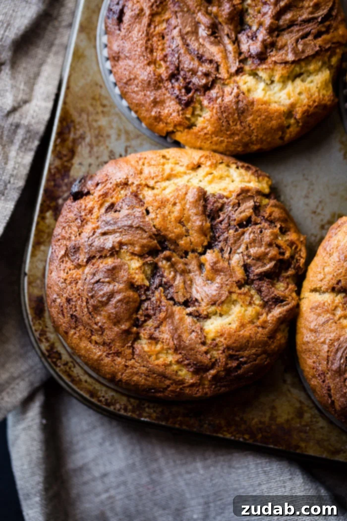 Peanut Butter Banana Muffins with a Gooey Nutella Center 4 A close-up of decadent peanut butter banana muffins, generously studded with chocolate and peanut butter chips, boasting a hidden Nutella filling and a captivating Nutella swirl.